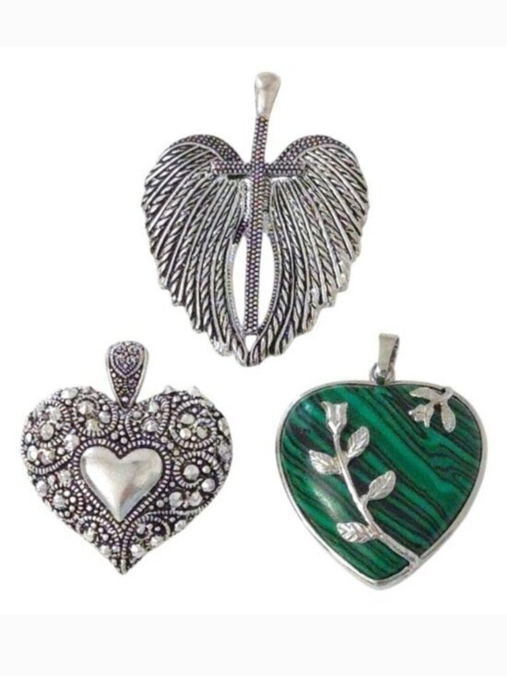 Heart Silver & Green Floral & Cross Jewelry Pendants for‎ Necklace (Set of 3)